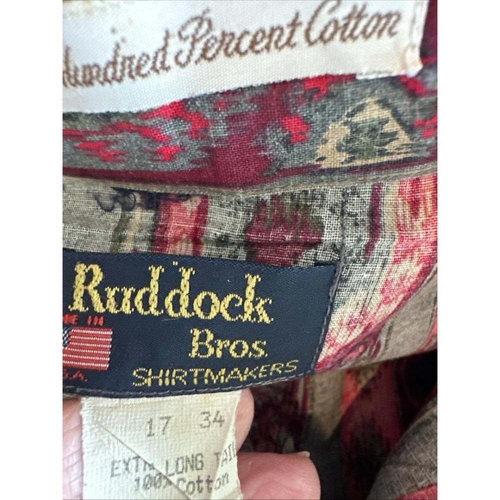 Vtg Ruddock Bros Aztec Pearl Snap Shirt Red Pearl Snaps Western 17/34 Xl Tails - Picture 10 of 16